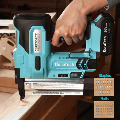 No Nonsense Heavy Duty 20V Cordless Brad Nailer And Staple Gun 18 Gauge close-up showing staples and nails for carpentry and upholstery work.