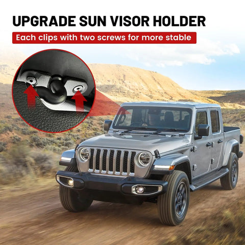 Heavy Duty Sun Visor Repair Kit For Jeep Wrangler JL JK JT Gladiator Rubicon Sport Sagging Visor Mounts in use on Jeep