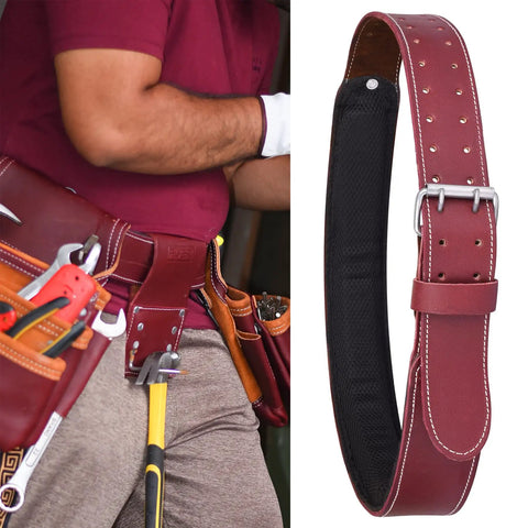 Heavy Duty Leather Work Belt With Padded Mesh Comfort And Adjustable Fit Two Point Five Inch Wide Tool Belt For Carpenters Electricians Framers And Mechanics Suspender Ready With Pouches Maroon, shown on a person with tools.