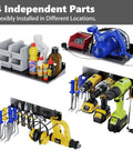 Two Pack Power Tool Drill Holder Wall Mount Organizer Rack Set Heavy Duty Steel Garage Storage For Batteries Bits And Accessories With Prong Hooks That Safely Hold Up To Eight Drills showcasing various tools and accessories.