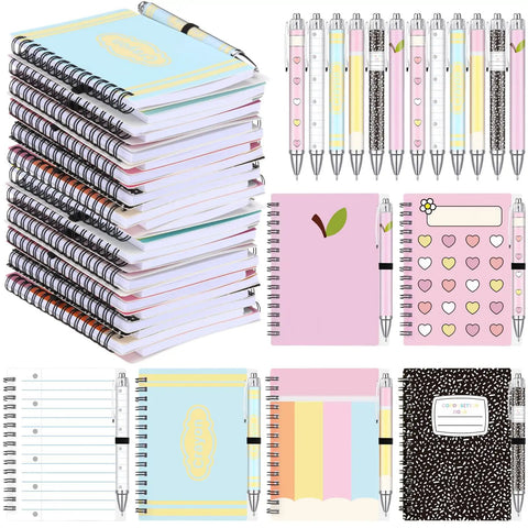 Pastel Back To School Gift Set With 12 Spiral Notebooks And 24 Ballpoint Pens For Teachers And Students Crayon Love Pattern