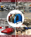 Heavy Duty Vehicle Hood Storage Cart With Six Hood Slots That Maximizes Space For Auto Shops, shown in various workshop settings