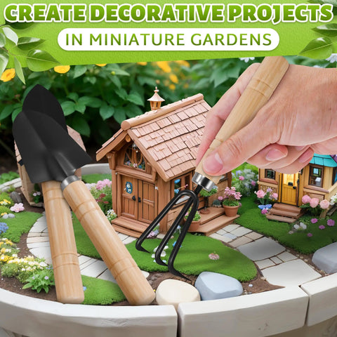 Mini 3 Piece Garden Tool Set With Trowel Shovel And Hand Rake For Indoor Plants Rust Resistant Iron And Solid Wood Handles Compact