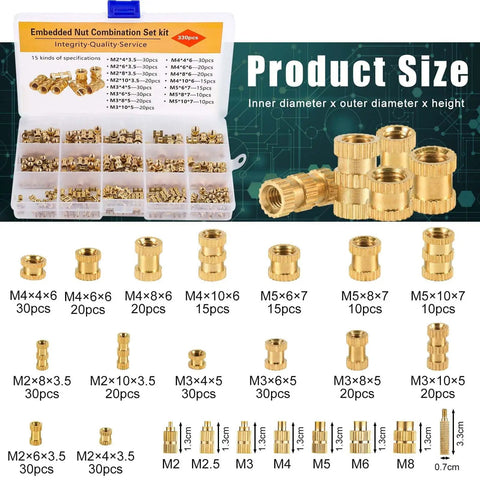 DIY Ready Heated Insert Kit With 1 Hot Iron Rod And 7 Tip Inserts Including M2 M2.5 M3 M4 M5 M6 M8 And 330 Brass Knurled Nuts for plastic.
