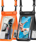IPX8 Waterproof Phone Pouch Two Pack For iPhone 15 16 17 Pro Max Up To Seven Inches Dry Bag With Lanyard, orange and black with items.