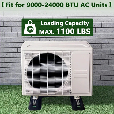 Floor Mounting Base Pad Kit For 9000 To 24000 BTU Air Conditioners And Heat Pumps, showing unit on base with load capacity of 1100 lbs.
