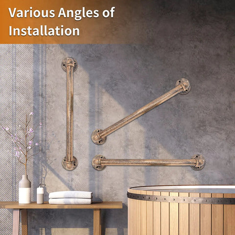 Straight Up Two Foot Wall Handrail For Indoor Staircases And Lofts Featuring 1.25 Inch Galvanized Steel Pipe With Slick Matte Black Powder Coat And Brushed Brass Vintage Vibes installation angles on wall.