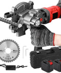 Heavy Duty Cordless Rebar Cutter For Up To 3/2 Inch Steel Rods, with 900W motor, two batteries, and cutting blade.