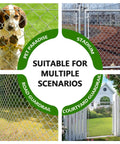 Heavy Duty Chain Link Fence Gate With Round Frame, 48 Inch High By 24 To 72 Inch Wide, Galvanized Steel Outdoor Gate For Backyard, Pet Enclosure, Garden Fencing, DIY Installation image showing scenarios like pet and garden fencing.