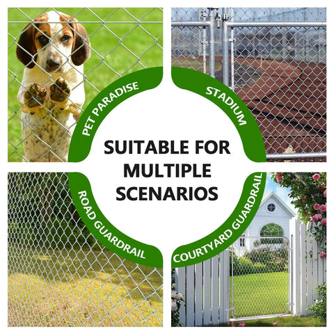 Heavy Duty Chain Link Fence Gate With Round Frame, 48 Inch High By 24 To 72 Inch Wide, Galvanized Steel Outdoor Gate For Backyard, Pet Enclosure, Garden Fencing, DIY Installation image showing scenarios like pet and garden fencing.