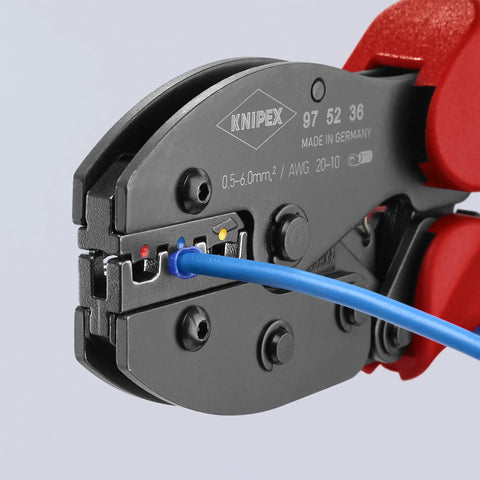 Pro-Grade Three-Position Contact Crimping Pliers with self-releasing mechanism, precision dies holding blue wire