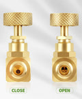 Brass needle valves, 2-pack with knurled tops; 1/4 in NPT male connections, front view, left closed, right open.