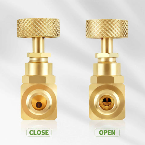 Brass needle valves, 2-pack with knurled tops; 1/4 in NPT male connections, front view, left closed, right open.