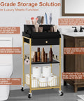 Large Makeup Organizer Cart With Hair Tool Holder Rolling Vanity Cart On Wheels With Drawer 2 In 1 Modular System Cosmetic Display Case For Skin Care Perfume Nail Polish And Tools Gold And Black in bathroom setting
