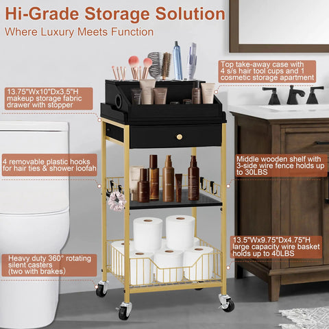 Large Makeup Organizer Cart With Hair Tool Holder Rolling Vanity Cart On Wheels With Drawer 2 In 1 Modular System Cosmetic Display Case For Skin Care Perfume Nail Polish And Tools Gold And Black in bathroom setting