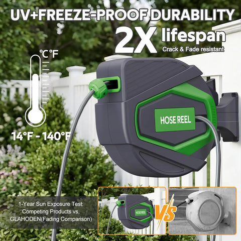 Retractable Garden Hose Reel With Auto Rewind 100 Foot No Fuss Easy Lock Wall Mount Any Length 180 Degree Swivel Bracket