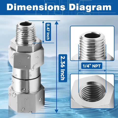 Quarter Inch NPT Pressure Washer Swivel Fitting With 360 Degree Rotation For Anti Twist And Kink Free Hose Connection Easy Quick Connect Design Durable Power Washer Accessory Made For Smooth No Tangle Cleaning And Long Lasting Use. 1/4 NPT dimensions diagram