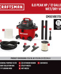 12 Gallon Wet Dry Vacuum With 6.0 Peak HP Motor, red and black design, with attachments, filter, dust bag, hose, and tools displayed.