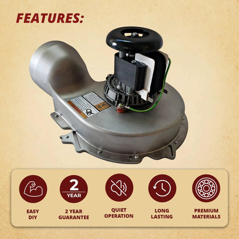 Beefy 4 Inch Flue Exhaust Blower Fan Assembly For Furnace 115V 1.5A 3000 RPM With Ball Bearing Thermally Protected Counter Clockwise Rotation Includes Mounting Gasket 4 Inch Outlet And 1 Year Warranty, shown with features labels.