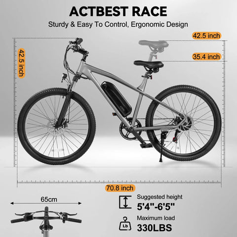 Beast Power 1200W Peak Electric Mountain Bike With 27 Point Five Inch Wheels, side view, measurements shown, sleek design.