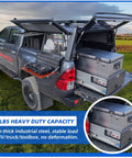 Truck with open storage compartments, showing 250 lb capacity heavy duty drawers and toolbox on a field background.