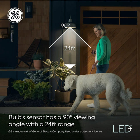 Motion Sensor LED Light Bulbs Outdoor Security, 12W Daylight A21, 2 Pack, woman activating bulb at night with dog
