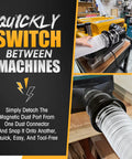 4 Inch Magnetic Dust Collection Starter Kit For Woodworking Includes 9.85 Ft PVC Hose connected to a machine, showing flexible tubing.