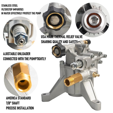 Seven Eighth Inch Shaft Vertical Pressure Washer Pump Replacement 3400 PSI Two Point Five GPM Heavy Duty with thermal relief valve