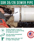 PVC Pipe Beveling Tool Set for 4, 6, and 8 Inch Pipes in use, creating bevel on white pipe, fits Schedule 40/80 pipes, drill adapter visible