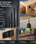 Badass 1000 Piece Wood Screw Assortment Kit With Phillips Flat Head Self Tapping Screws M2 M3 M4 close-up display of black carbon steel screws for furniture assembly and woodworking.