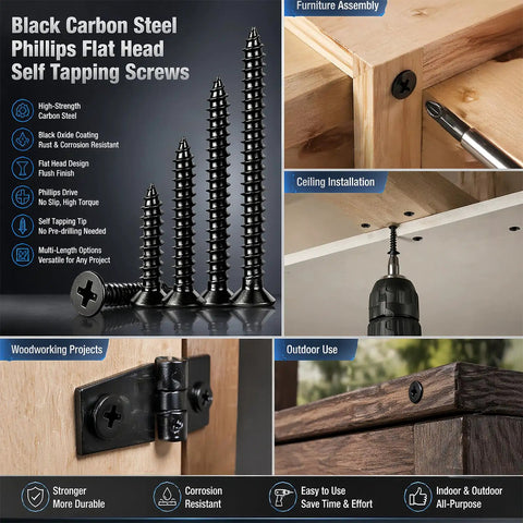 Badass 1000 Piece Wood Screw Assortment Kit With Phillips Flat Head Self Tapping Screws M2 M3 M4 close-up display of black carbon steel screws for furniture assembly and woodworking.