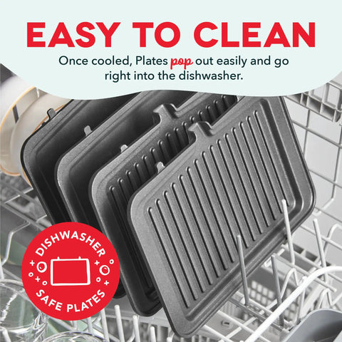 Dash MultiMaker Flex Press Grill With Swap-It Plates, Electric Indoor Countertop Nonstick Removable Cooking Surfaces For Burgers Sandwiches And Breakfast Made Easy With Forg Iron Build dishwasher safe plates in a dishwasher.