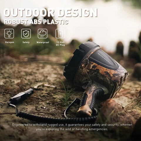 Hunting Spotlight 1500 Lumen Camouflage Handheld Corded 12V Spotlight With Realtree Xtra Print lying on forest ground