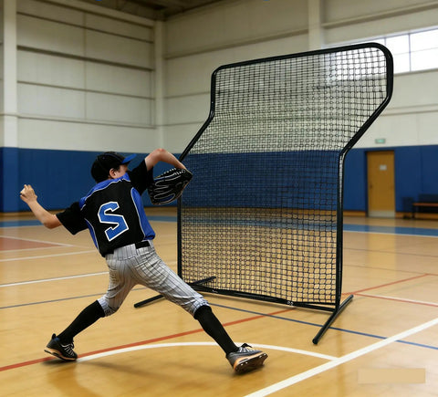 Baseball player pitching in front of Baseball Z Screen Heavy Duty 7x5ft Portable Pitching Screen for batting cages, fields, and backyards.