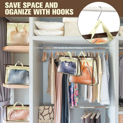 Purse Dust Bags Set with 24 Storage Covers and 25 Stainless Steel S Hooks 3 Sizes in Closet Display
