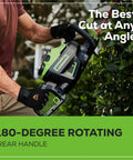 Man using a 60V 26-Inch Brushless Cordless Hedge Trimmer with Dual-Action Laser-Cut Blades in a garden, trimming hedges.
