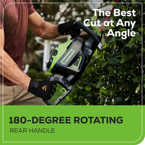 Man using a 60V 26-Inch Brushless Cordless Hedge Trimmer with Dual-Action Laser-Cut Blades in a garden, trimming hedges.