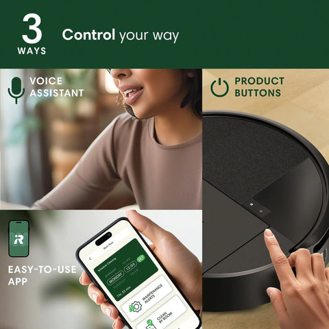 Controls for Roomba 205 DustCompactor Vacuum Robot With No Dock Needed, showing app, voice, and button interfaces.