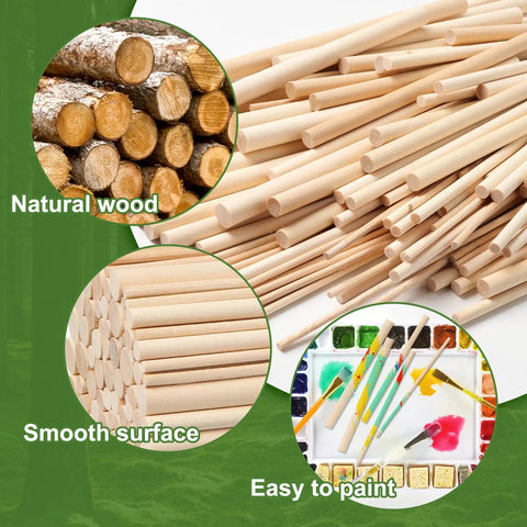 100 Piece Solid Wood Dowel Rods Assortment With 1/8 3/16 1/4 5/16 3/8 Inch Diameter By 6 Inch Length on display with natural wood texture.