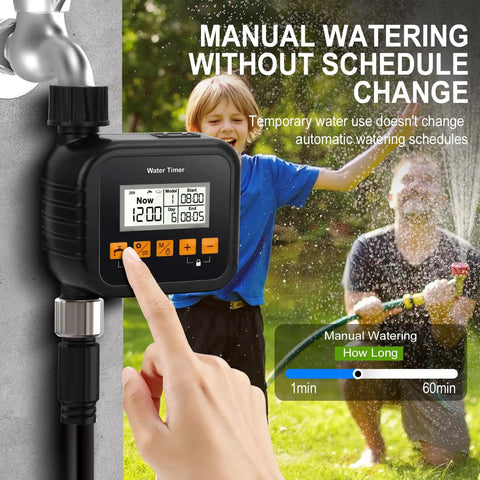 Smart Hose Timer for Garden and Outdoor Irrigation with Rain Sensor displayed on faucet with digital screen