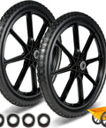 Amazon 20-inch flat-free wheel and tire pair for wheelbarrow, black six-spoke rims, includes bearings (2 wheels).