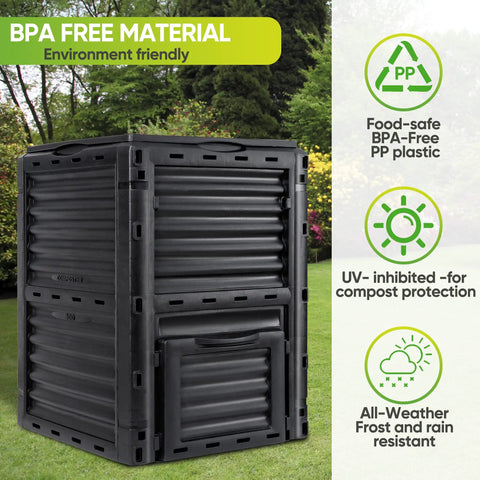 80 Gallon Outdoor Compost Bin With Top Flip Lid Includes Gloves Large Aerating Garden Box For Yard Waste Easy Exit Door BPA Free Material Black Turns Scraps Into Rich Compost Fast