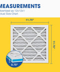 Universal 12x12x1 MERV 8 Air Filter For HVAC Systems, 4 Pack, Actual Size 11.75 X 11.75 X 0.75 Inches, front view with measurements
