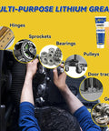 Do It All White Lithium Grease With Brush shown with hinges, sprockets, bearings, pulleys, door tracks, and gears applications