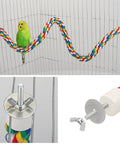 Totally Bendable Multicolor Cotton Bird Rope Perch Built Tough With A Steel Core And Quick Twist End Nuts For Straight Up Secure Cage Climbing Action with a parakeet on it.