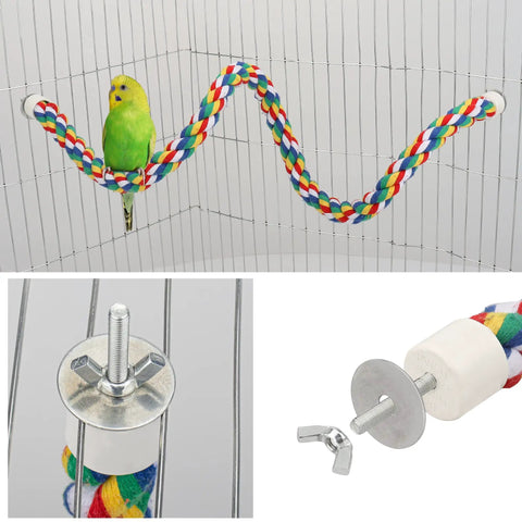 Totally Bendable Multicolor Cotton Bird Rope Perch Built Tough With A Steel Core And Quick Twist End Nuts For Straight Up Secure Cage Climbing Action with a parakeet on it.