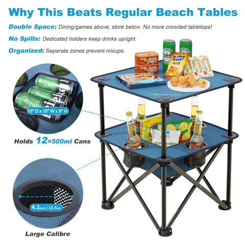 Foldable Camping Table With Built In Cup Holders And Food Basket Ultra Lightweight Square Outdoor Picnic Table With drinks and snacks displayed