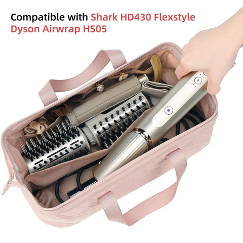 Portable pink Travel Hair Tools Case And Organizer For Airwrap And Dryer Attachments with handles, storing hair tools.
