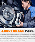 Ceramic brake pads being installed on a car's front braking rotor by a mechanic; gray pads with silver rotor.
