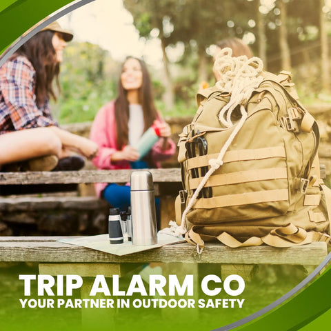 Camping gear with olive drab backpack, thermos, and map on a bench, symbolizing outdoor safety and security